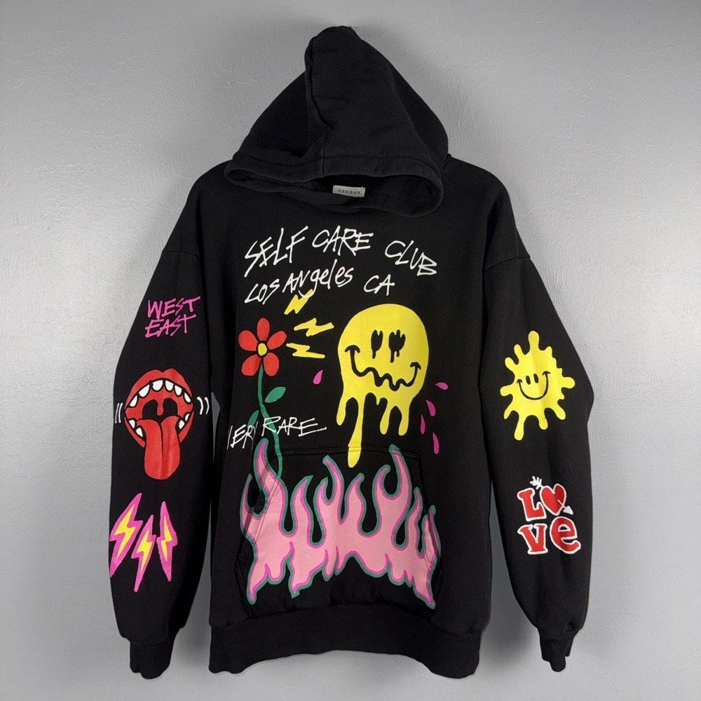 PacSun Hoodie Medium Black Self Care Club Smile Flame Graphic Streetwear